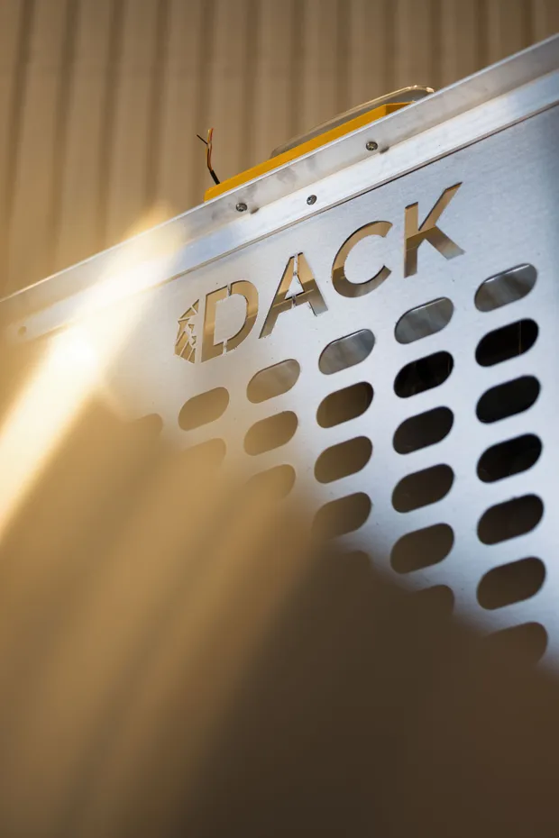 Laser-cut Dack aluminium headboard with amber safety beacon