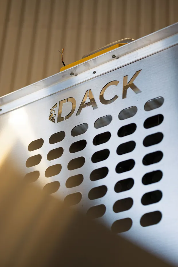 Close-up of a laser-cut Dack aluminium headboard