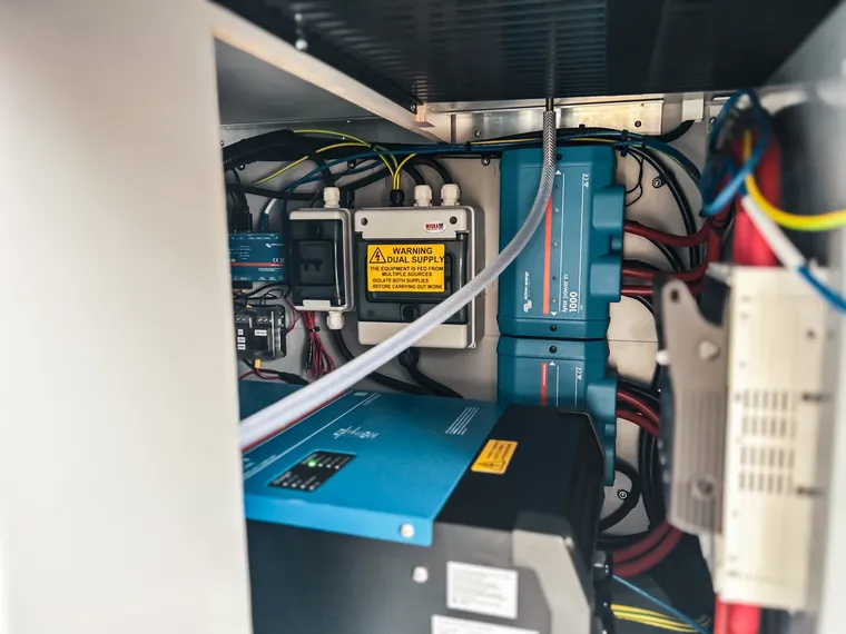 Victron Energy lithium power installation with Lynx distribution inside the Cafe2U van