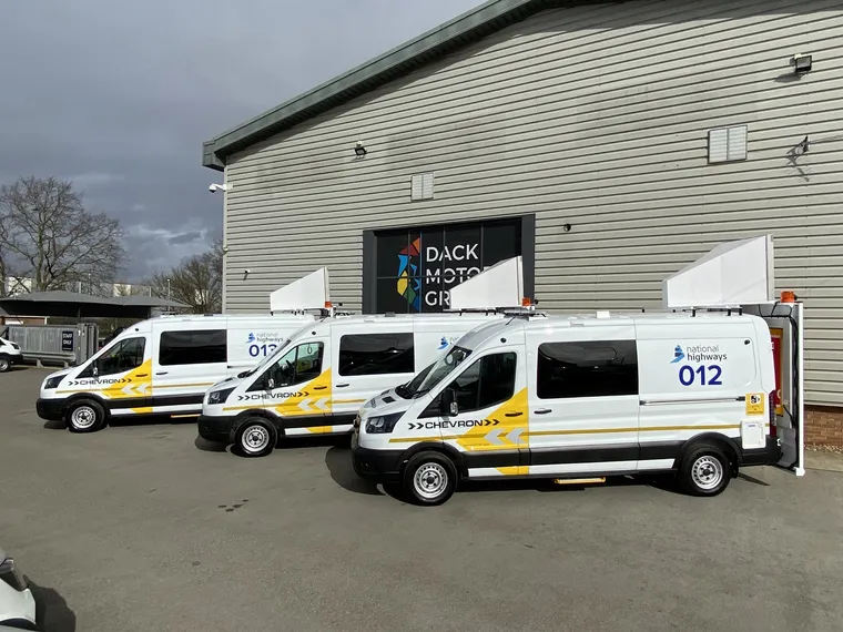 Chevron EMCC fleet with National Highways fleet numbers outside the Dack workshop