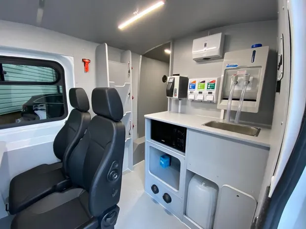 EMCC van galley with microwave, sink, hot water and hygiene dispensers