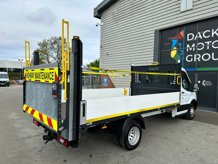 3.5-tonne dropside traffic management vehicle with Highway Maintenance tail lift board and ladder gantries, seen from the rear